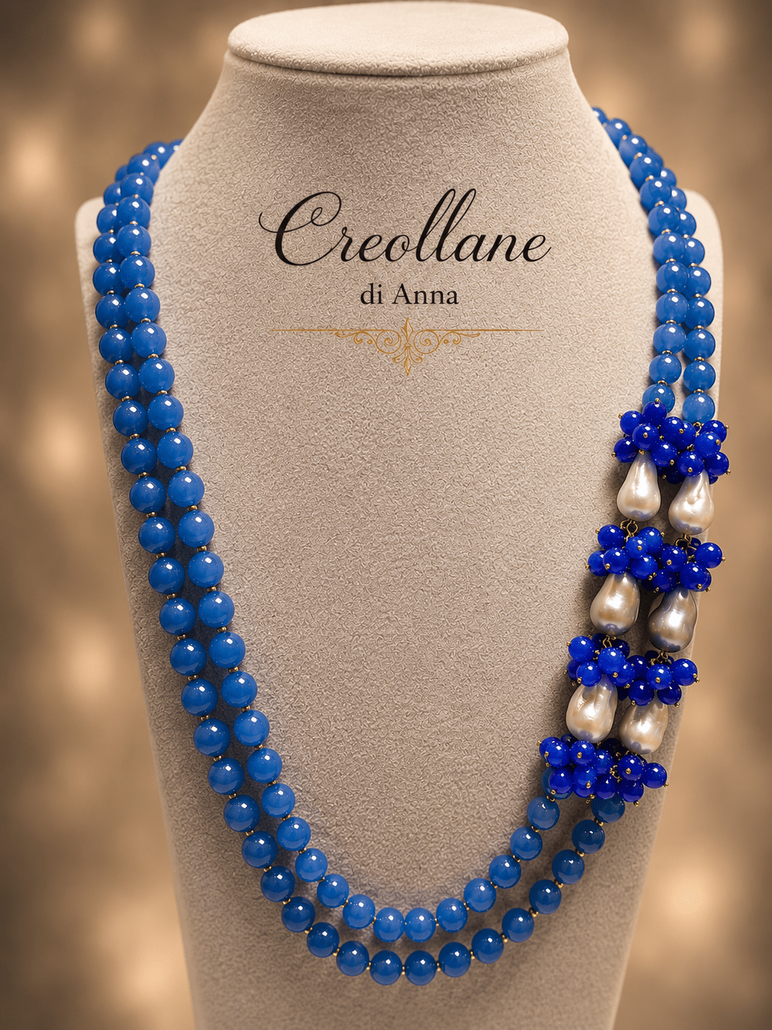 Collane Collana Doppio Filo Artigianale Handmade | Agata Blu Naturale e Perle | Made in Italy - Handmade Made in Italy