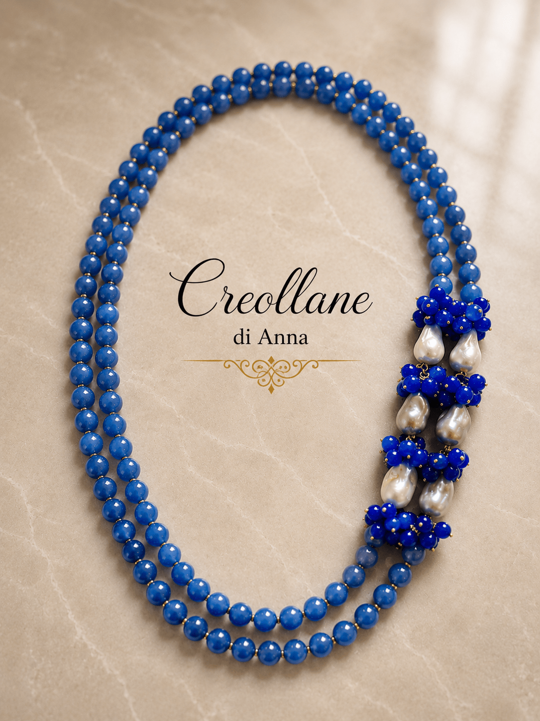 Collane Collana Doppio Filo Artigianale Handmade | Agata Blu Naturale e Perle | Made in Italy - Handmade Made in Italy