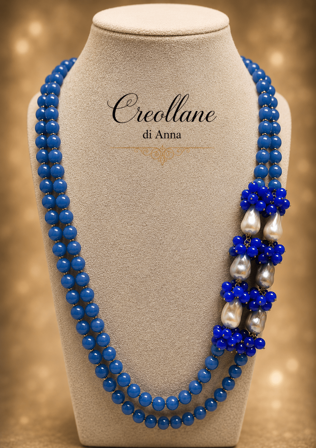 Collane Collana Doppio Filo Artigianale Handmade | Agata Blu Naturale e Perle | Made in Italy - Handmade Made in Italy