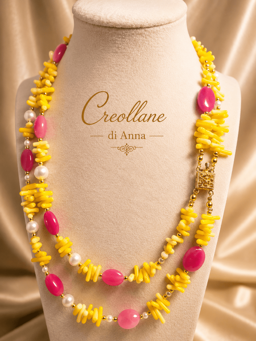 Collane Collana Doppio Filo Artigianale Handmade | Corallo Bambù Giallo, Agata Fucsia e Perle di Maiorca | Made in Italy - Handmade Made in Italy