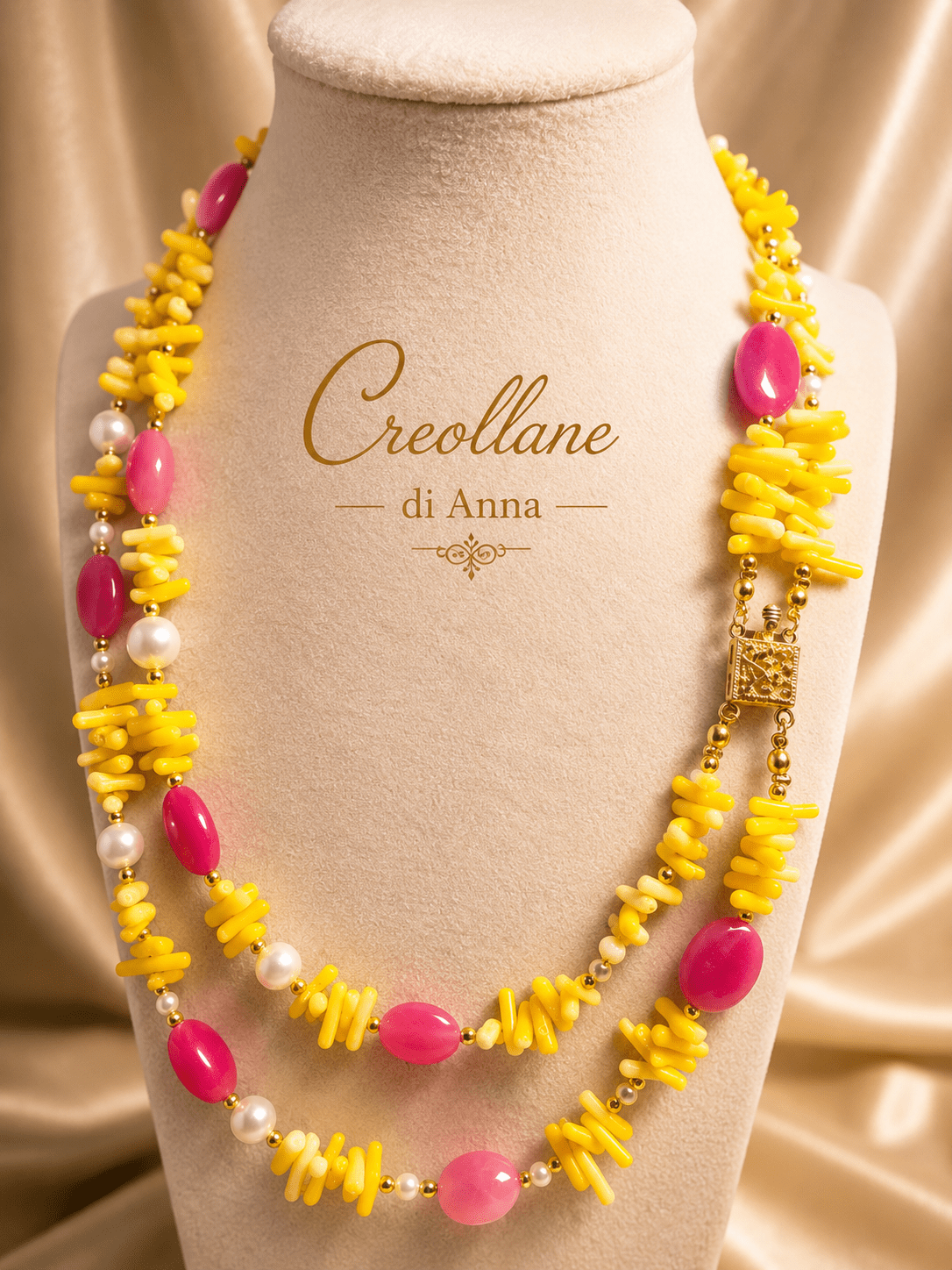 Collane Collana Doppio Filo Artigianale Handmade | Corallo Bambù Giallo, Agata Fucsia e Perle di Maiorca | Made in Italy - Handmade Made in Italy