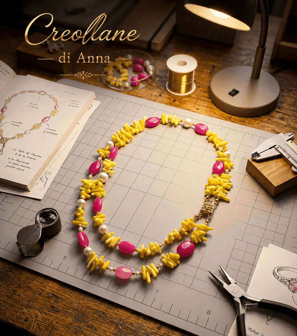 Collane Collana Doppio Filo Artigianale Handmade | Corallo Bambù Giallo, Agata Fucsia e Perle di Maiorca | Made in Italy - Handmade Made in Italy