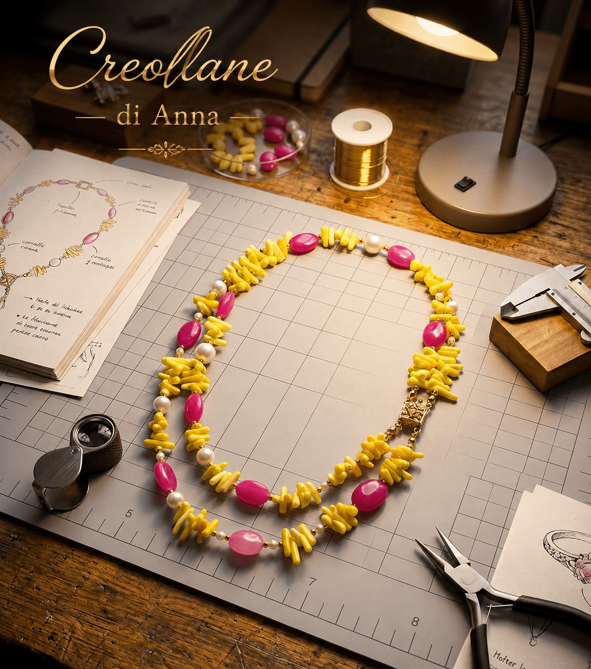 Collane Collana Doppio Filo Artigianale Handmade | Corallo Bambù Giallo, Agata Fucsia e Perle di Maiorca | Made in Italy - Handmade Made in Italy