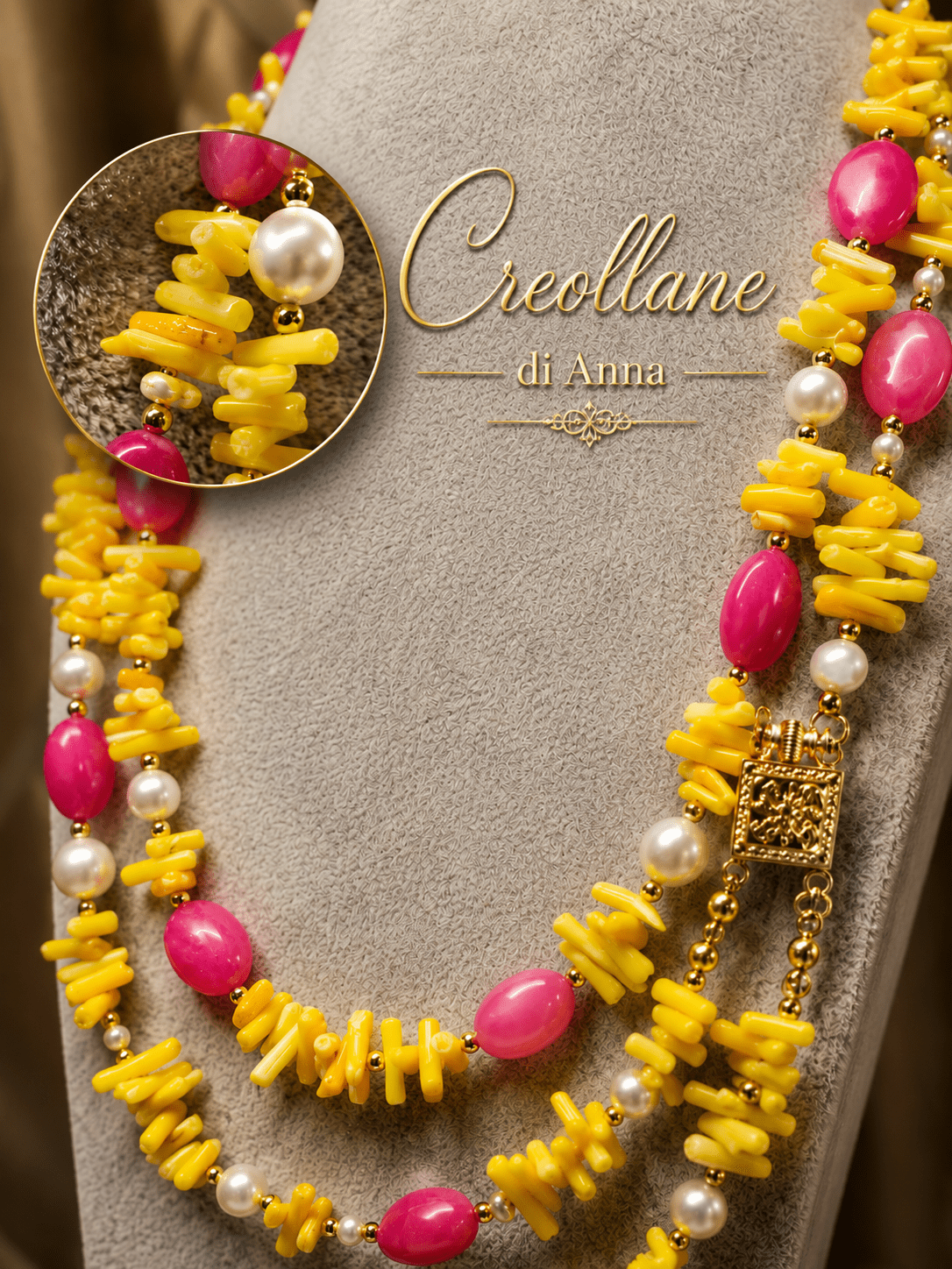 Collane Collana Doppio Filo Artigianale Handmade | Corallo Bambù Giallo, Agata Fucsia e Perle di Maiorca | Made in Italy - Handmade Made in Italy
