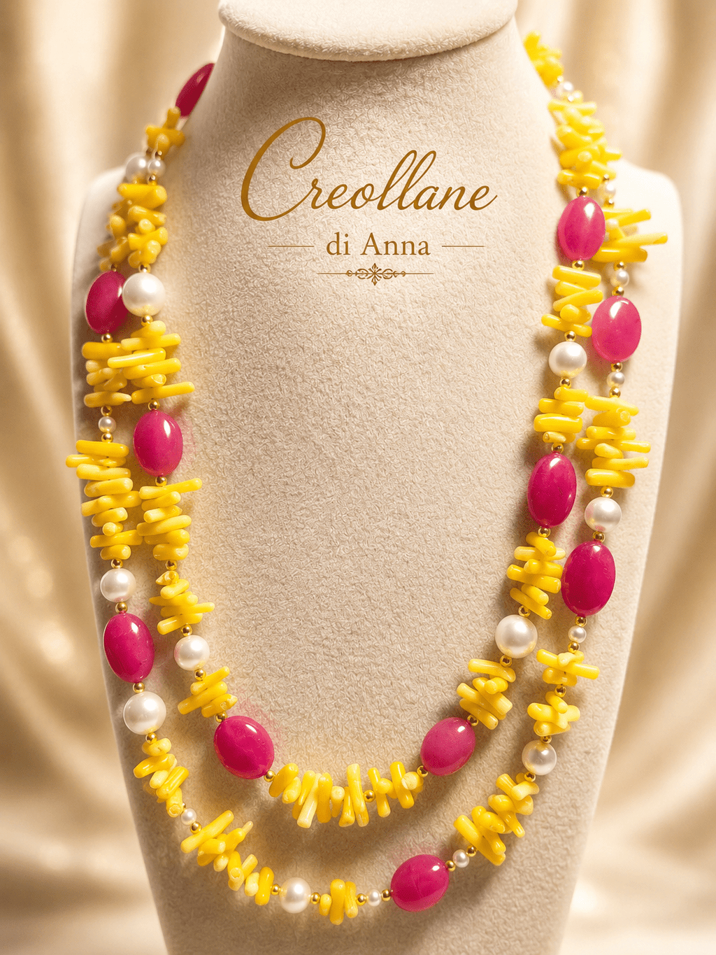 Collane Collana Doppio Filo Artigianale Handmade | Corallo Bambù Giallo, Agata Fucsia e Perle di Maiorca | Made in Italy - Handmade Made in Italy
