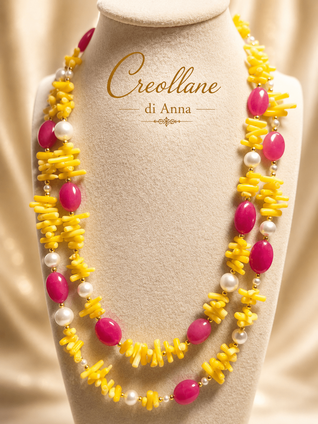Collane Collana Doppio Filo Artigianale Handmade | Corallo Bambù Giallo, Agata Fucsia e Perle di Maiorca | Made in Italy - Handmade Made in Italy