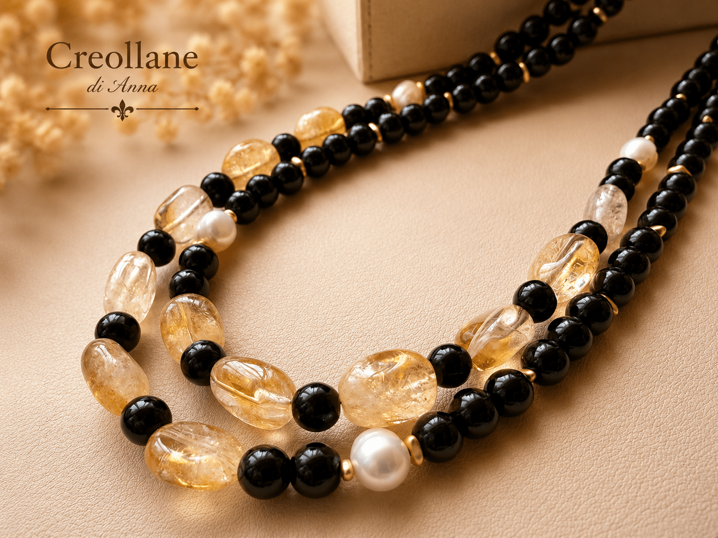 Collane Collana Doppio Filo Artigianale Handmade | Onice Nero, Perle di Fiume e Quarzo Citrino | Made in Italy - Handmade Made in Italy