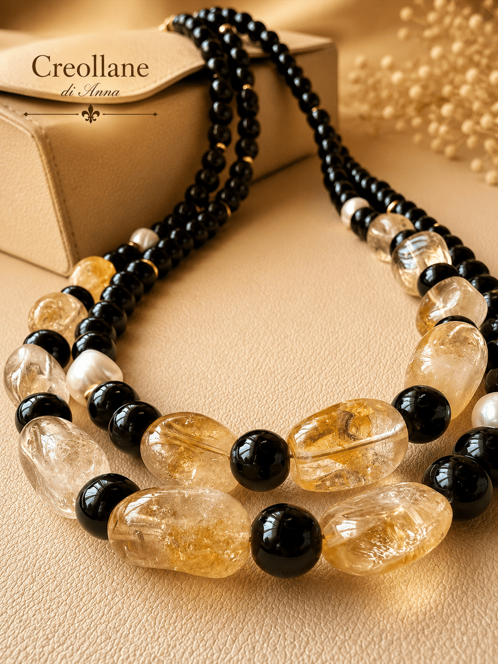 Collane Collana Doppio Filo Artigianale Handmade | Onice Nero, Perle di Fiume e Quarzo Citrino | Made in Italy - Handmade Made in Italy