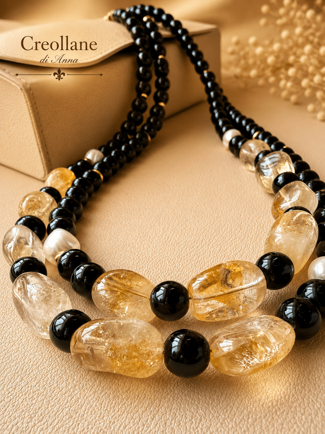Collane Collana Doppio Filo Artigianale Handmade | Onice Nero, Perle di Fiume e Quarzo Citrino | Made in Italy - Handmade Made in Italy
