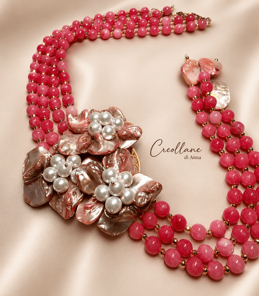 Collane Collana Doppio Filo Artigianale Handmade | Rodocrosite, Madreperla e Perle di Maiorca | Made in Italy - Handmade Made in Italy