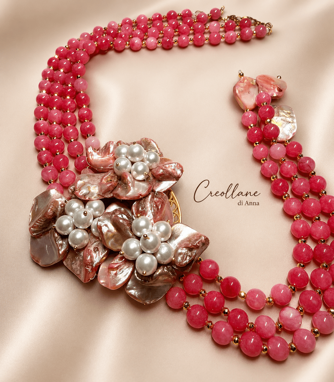 Collane Collana Doppio Filo Artigianale Handmade | Rodocrosite, Madreperla e Perle di Maiorca | Made in Italy - Handmade Made in Italy