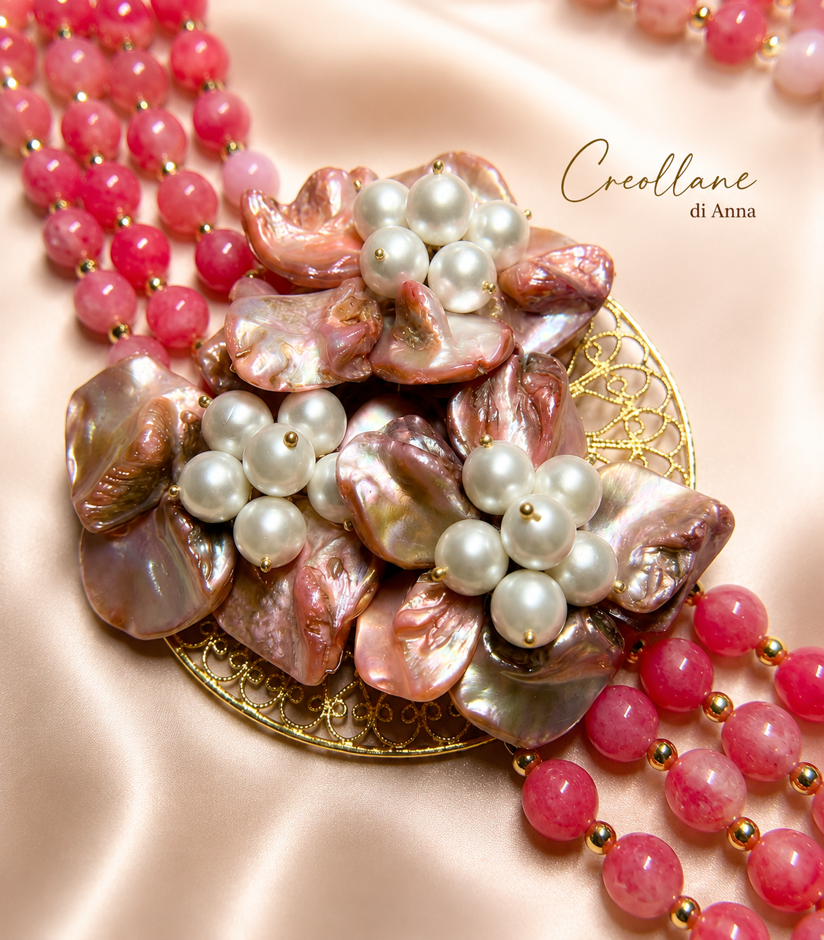 Collane Collana Doppio Filo Artigianale Handmade | Rodocrosite, Madreperla e Perle di Maiorca | Made in Italy - Handmade Made in Italy