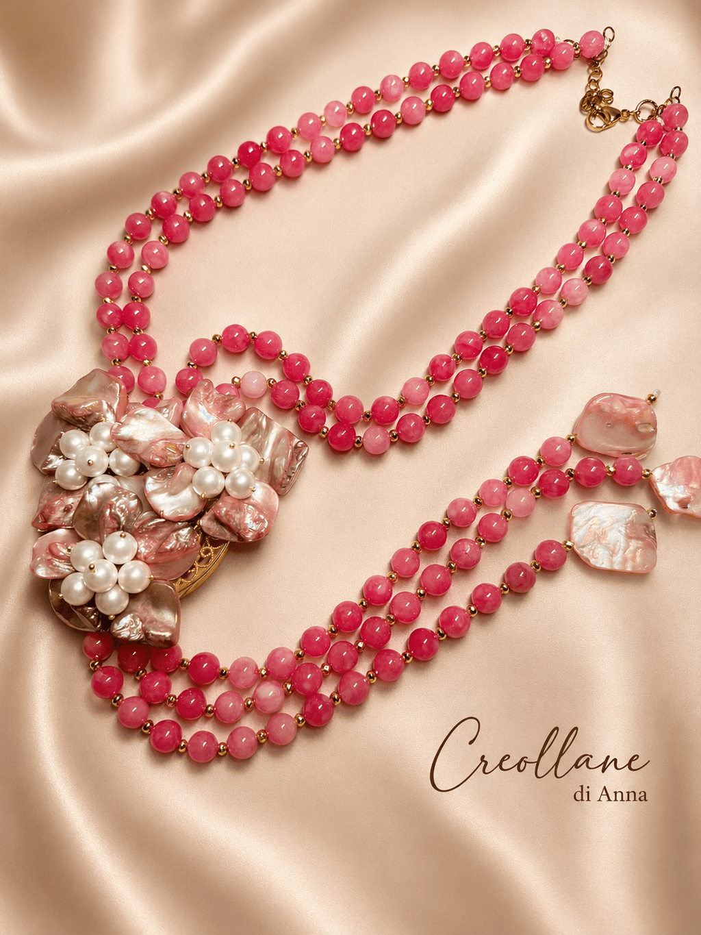 Collane Collana Doppio Filo Artigianale Handmade | Rodocrosite, Madreperla e Perle di Maiorca | Made in Italy - Handmade Made in Italy