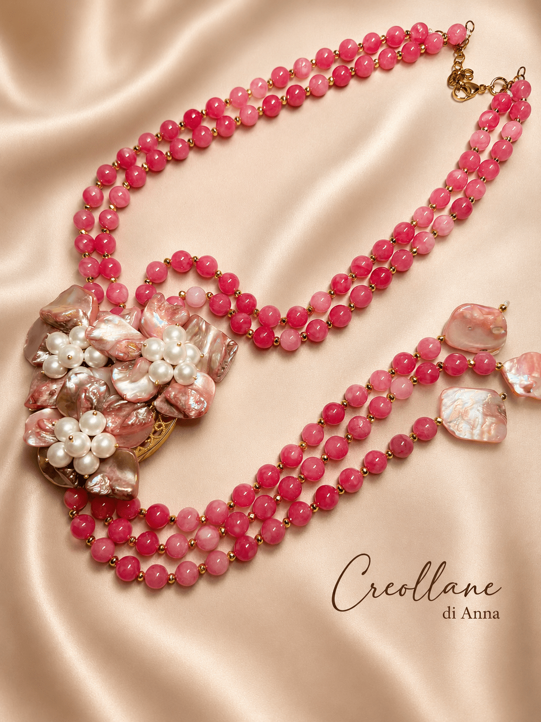 Collane Collana Doppio Filo Artigianale Handmade | Rodocrosite, Madreperla e Perle di Maiorca | Made in Italy - Handmade Made in Italy
