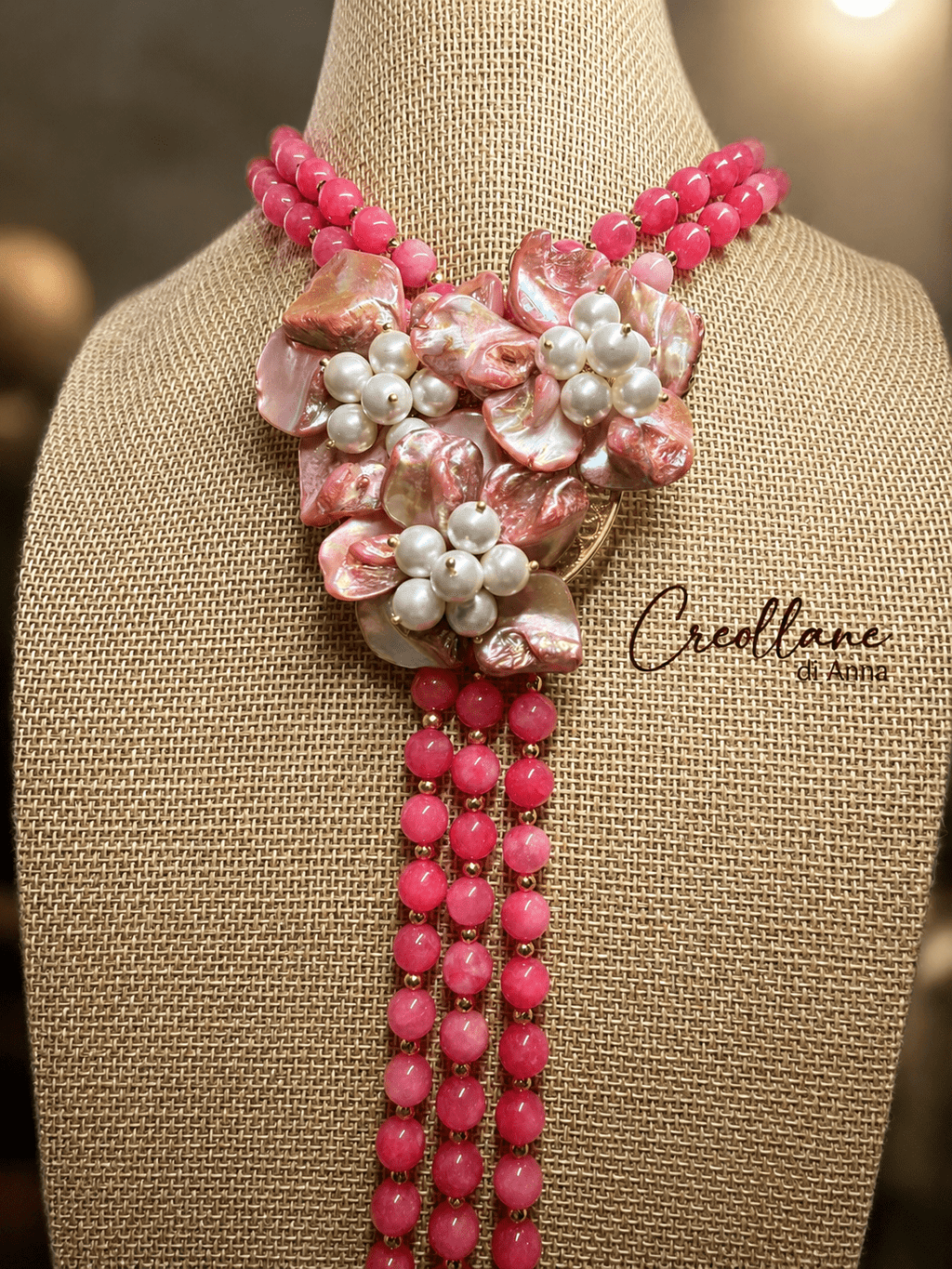 Collane Collana Doppio Filo Artigianale Handmade | Rodocrosite, Madreperla e Perle di Maiorca | Made in Italy - Handmade Made in Italy
