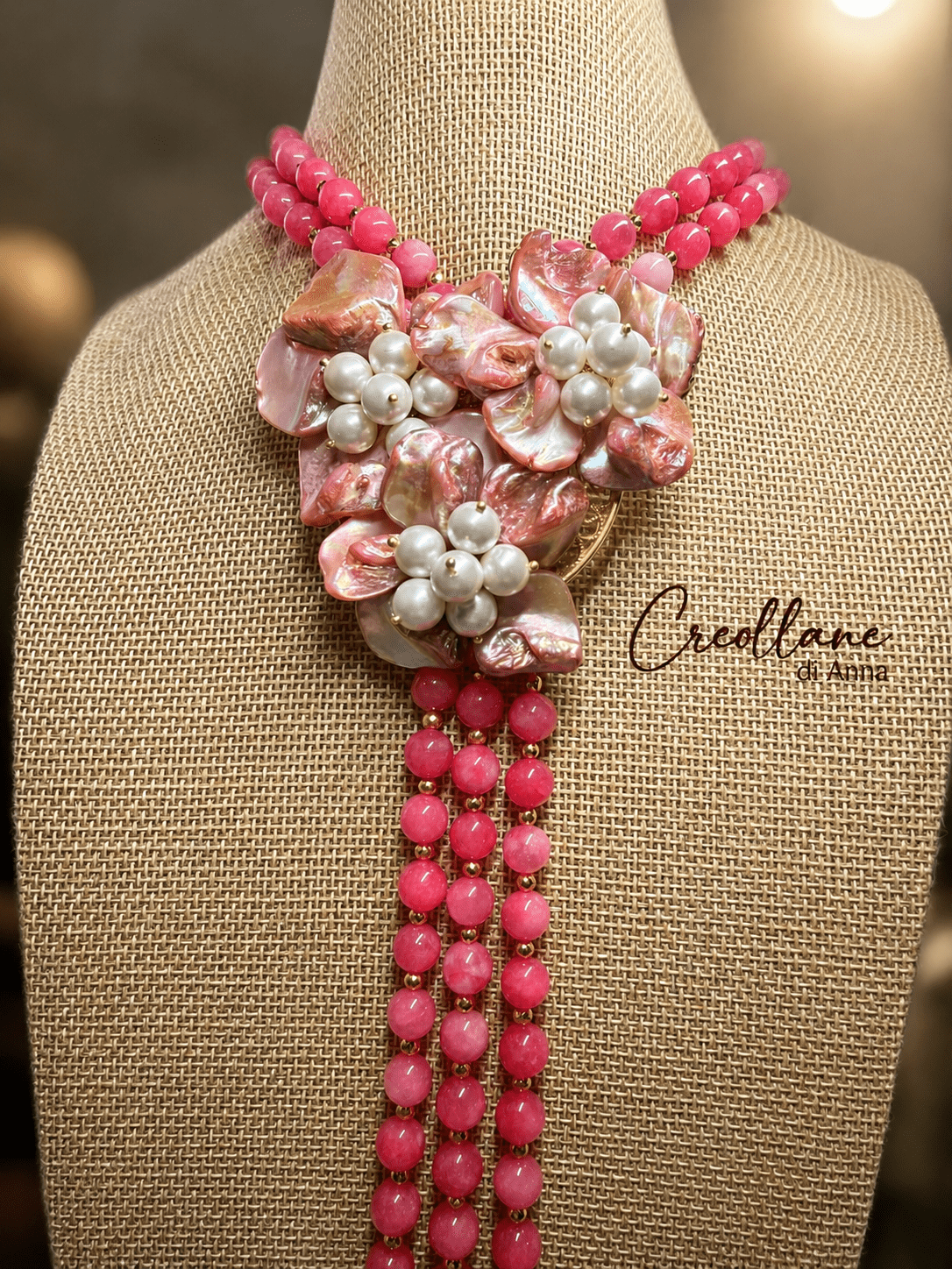 Collane Collana Doppio Filo Artigianale Handmade | Rodocrosite, Madreperla e Perle di Maiorca | Made in Italy - Handmade Made in Italy