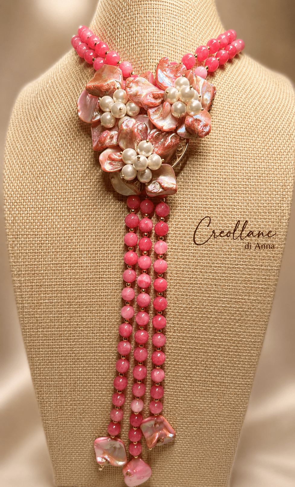Collane Collana Doppio Filo Artigianale Handmade | Rodocrosite, Madreperla e Perle di Maiorca | Made in Italy - Handmade Made in Italy