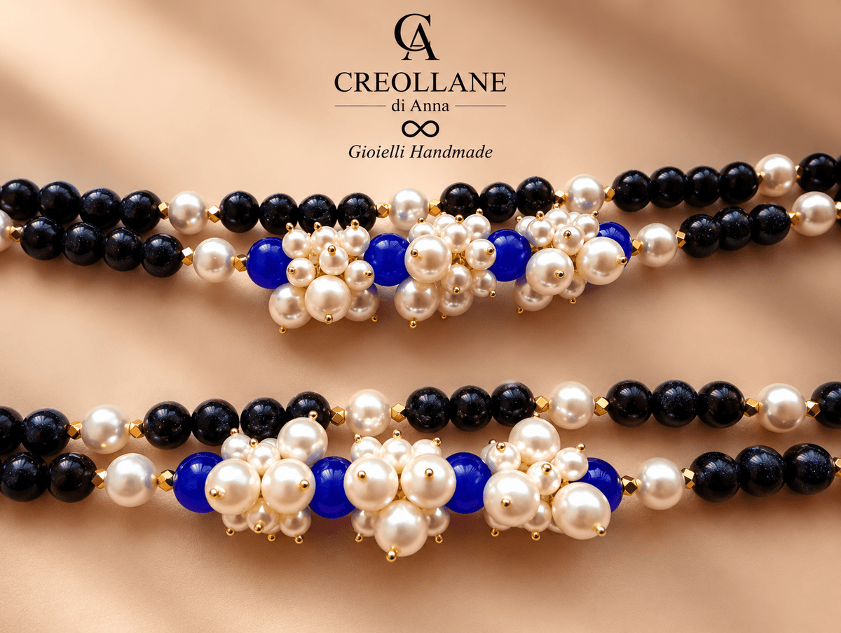 Collane Collana Doppio Filo con Elementi Laterali | Bianca, Blu o Nera | Made in Italy - Handmade Made in Italy