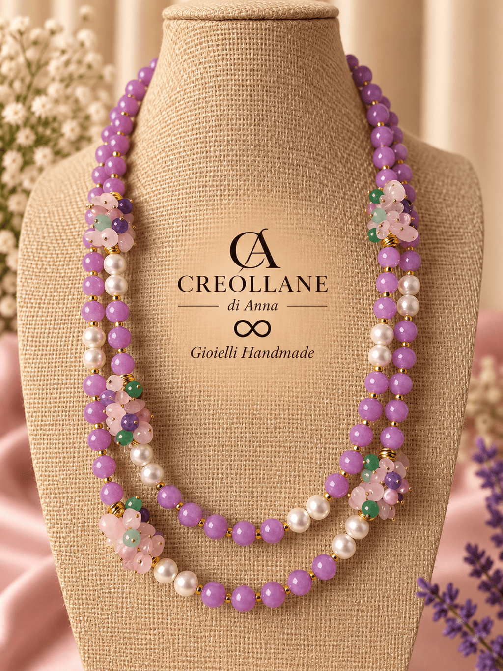 Collane Collana Doppio Filo Giada Lavanda, Perle ed Ematite | Made in Italy - Handmade Made in Italy