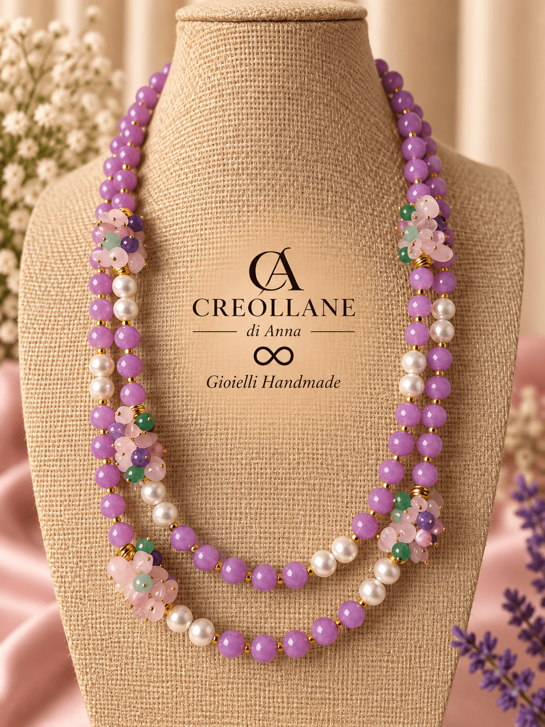Collane Collana Doppio Filo Giada Lavanda, Perle ed Ematite | Made in Italy - Handmade Made in Italy