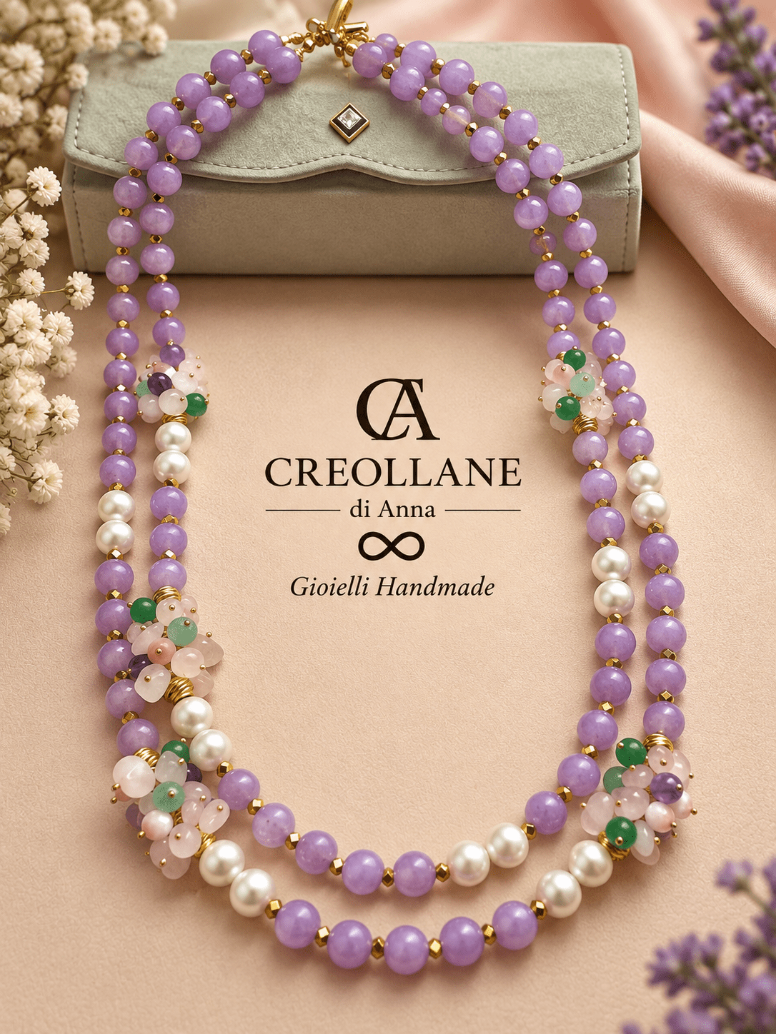 Collane Collana Doppio Filo Giada Lavanda, Perle ed Ematite | Made in Italy - Handmade Made in Italy