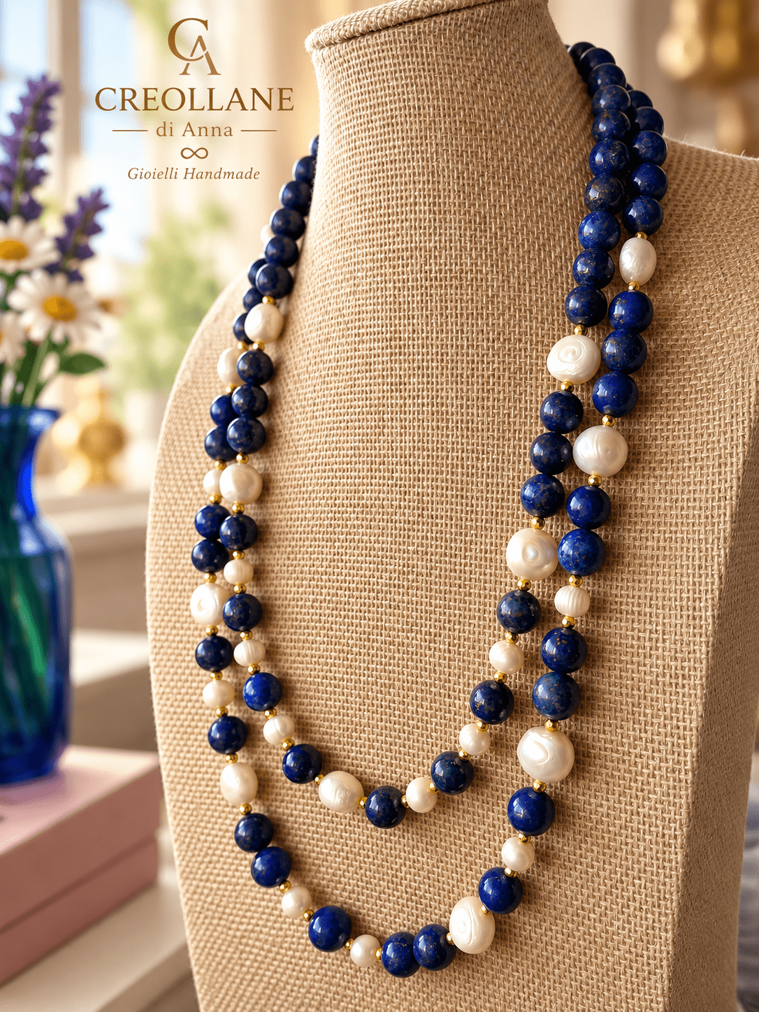 Collane Collana Doppio Filo Lapislazzuli e Perle di Fiume | Made in Italy - Handmade Made in Italy