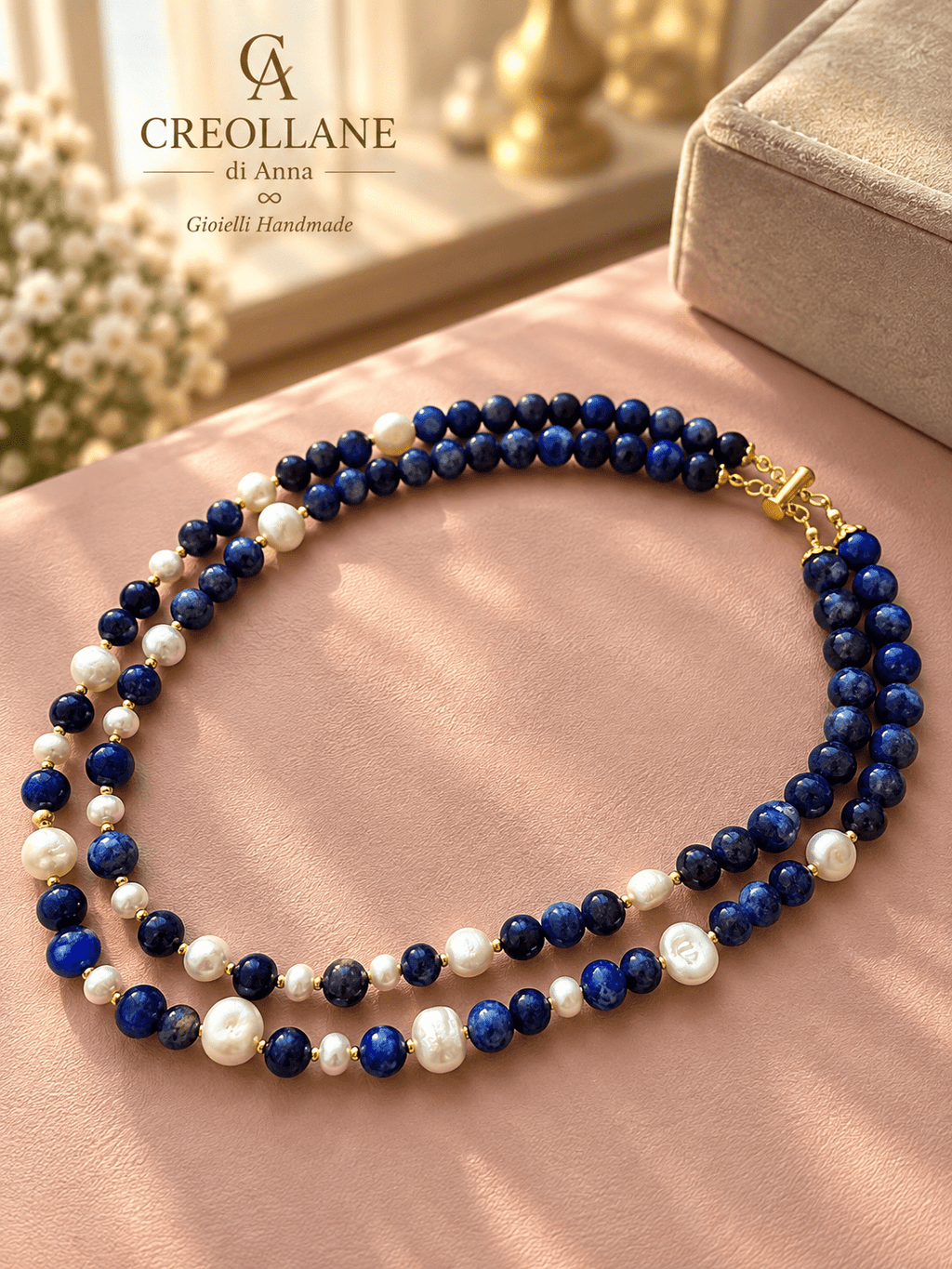 Collane Collana Doppio Filo Lapislazzuli e Perle di Fiume | Made in Italy - Handmade Made in Italy
