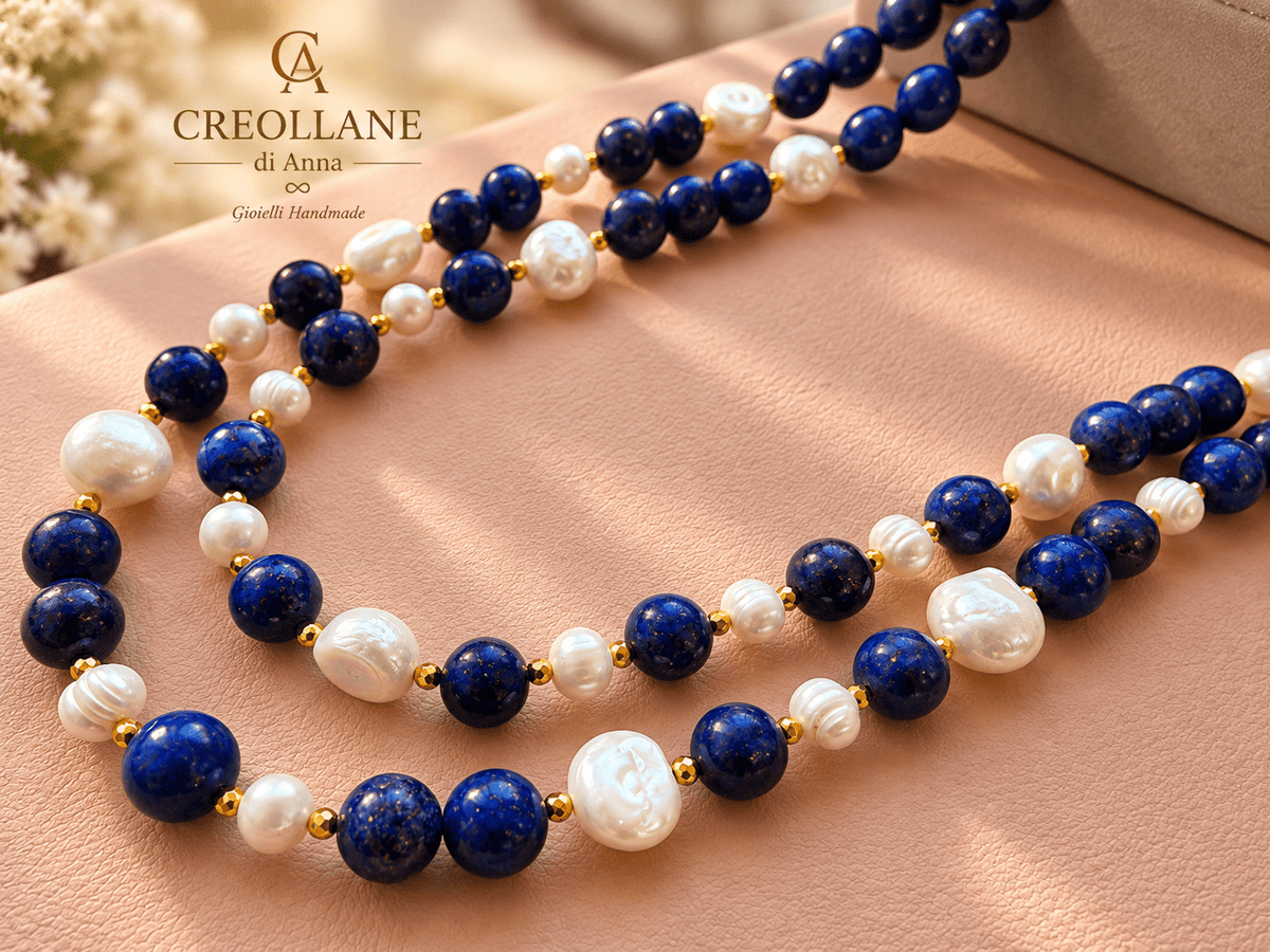 Collane Collana Doppio Filo Lapislazzuli e Perle di Fiume | Made in Italy - Handmade Made in Italy