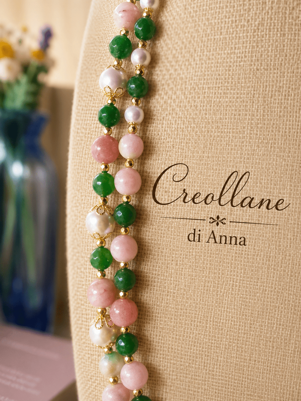 Collana Doppio Filo Pietre Naturali – Opale Rosa, Quarzite Giada Anguria, Crisoprasio, Perle Maiorca, Ematite Oro