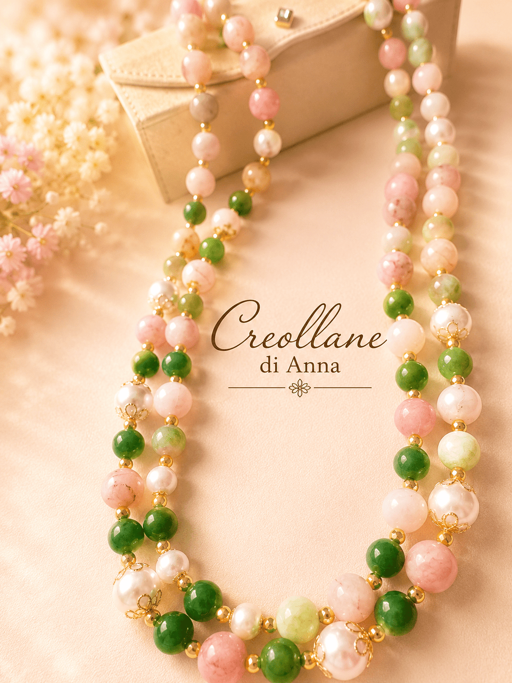 Collana Doppio Filo Pietre Naturali – Opale Rosa, Quarzite Giada Anguria, Crisoprasio, Perle Maiorca, Ematite Oro