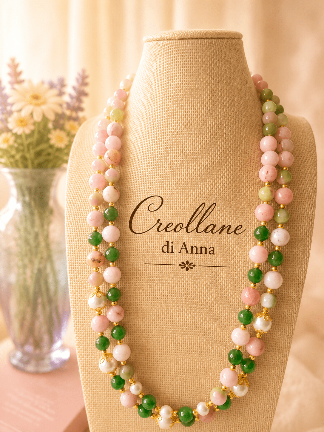 Collane Collana Doppio Filo Pietre Naturali – Opale Rosa, Quarzite Giada Anguria, Crisoprasio, Perle Maiorca, Ematite Oro - Handmade Made in Italy