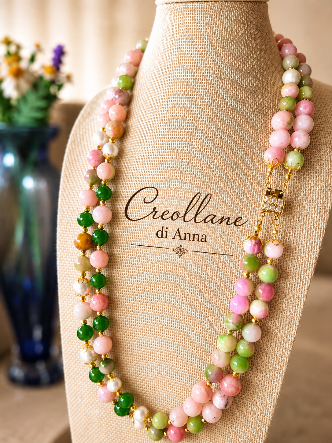 Collane Collana Doppio Filo Pietre Naturali – Opale Rosa, Quarzite Giada Anguria, Crisoprasio, Perle Maiorca, Ematite Oro - Handmade Made in Italy