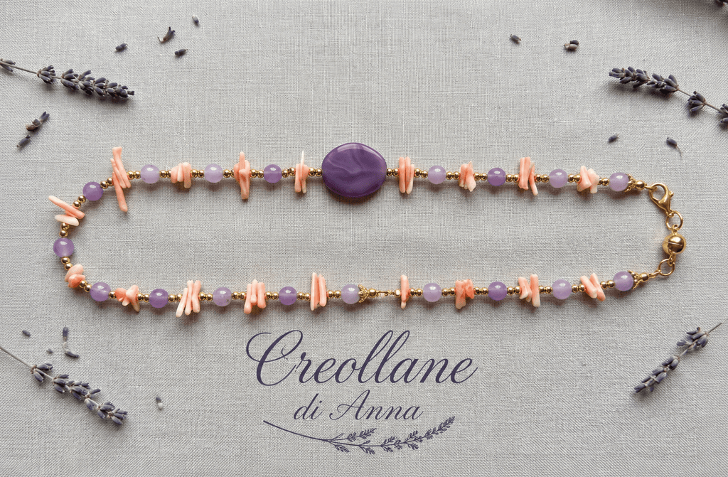 Collane Collana Girocollo Artigianale Handmade | Ametista Lavanda e Corallo Bambù Rosa con Dettagli Oro | Made in Italy - Handmade Made in Italy