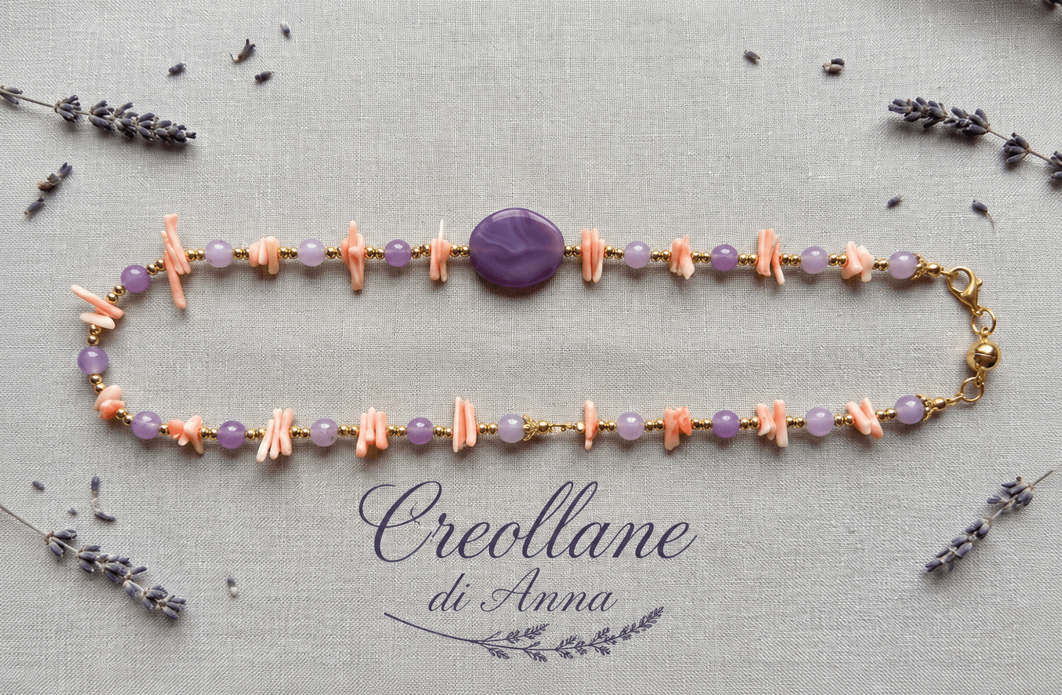 Collane Collana Girocollo Artigianale Handmade | Ametista Lavanda e Corallo Bambù Rosa con Dettagli Oro | Made in Italy - Handmade Made in Italy