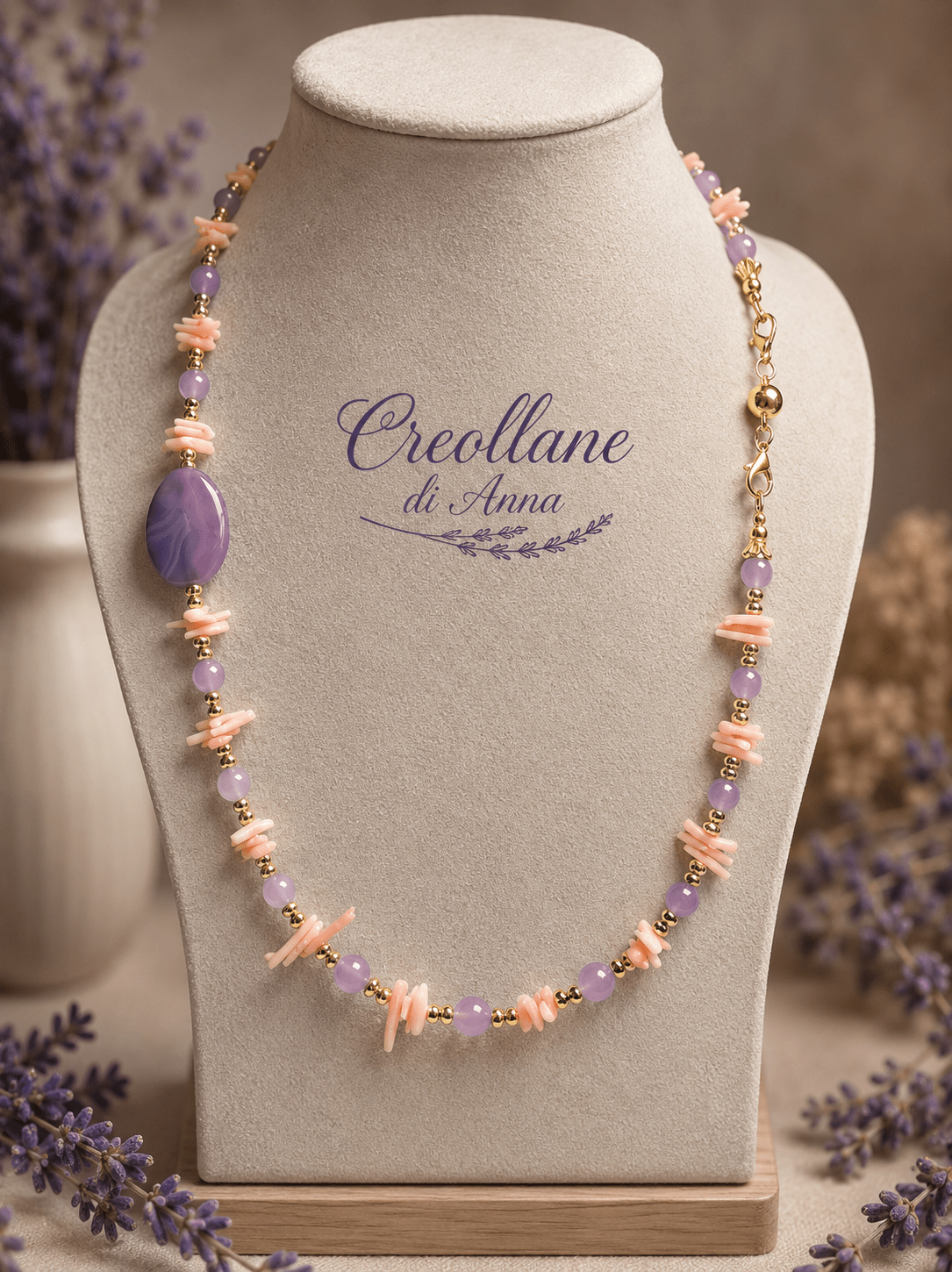 Collane Collana Girocollo Artigianale Handmade | Ametista Lavanda e Corallo Bambù Rosa con Dettagli Oro | Made in Italy - Handmade Made in Italy