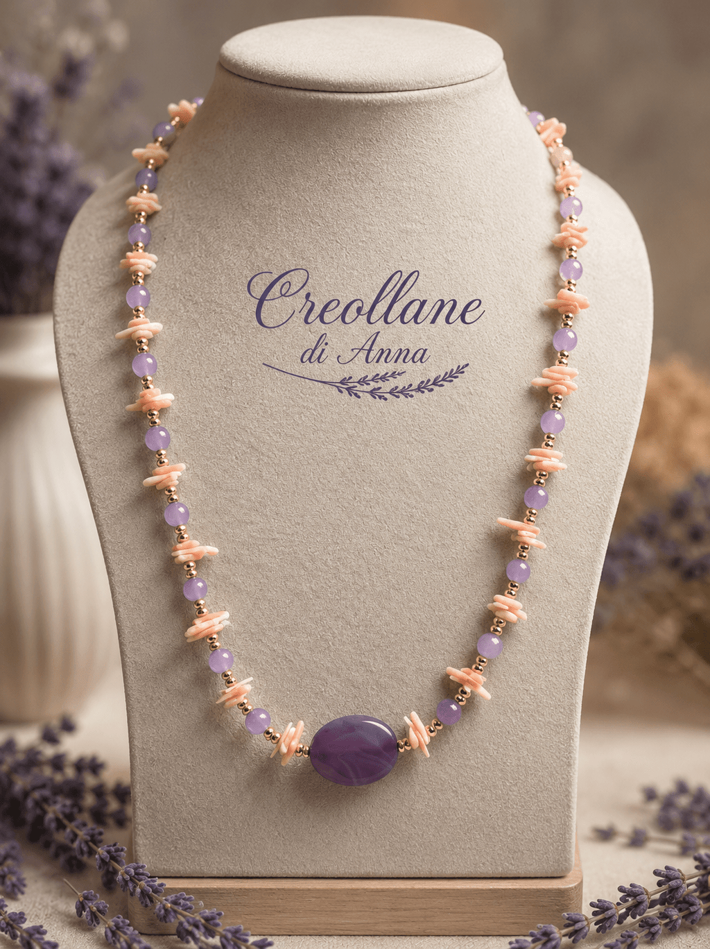 Collane Collana Girocollo Artigianale Handmade | Ametista Lavanda e Corallo Bambù Rosa con Dettagli Oro | Made in Italy - Handmade Made in Italy