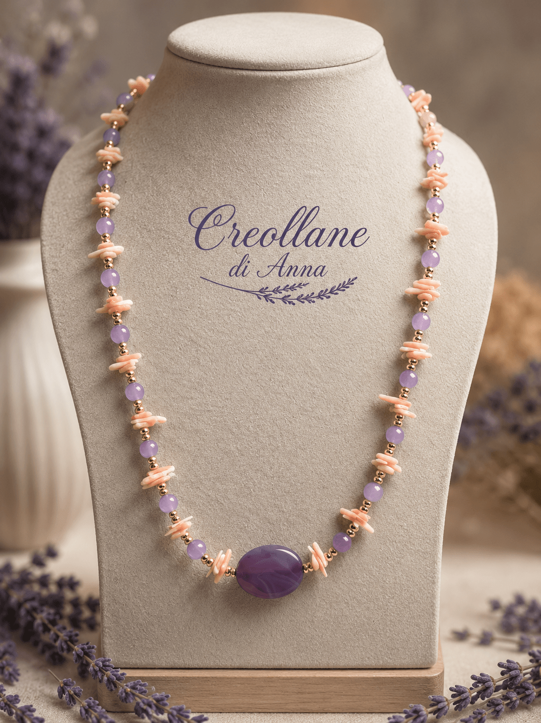 Collane Collana Girocollo Artigianale Handmade | Ametista Lavanda e Corallo Bambù Rosa con Dettagli Oro | Made in Italy - Handmade Made in Italy