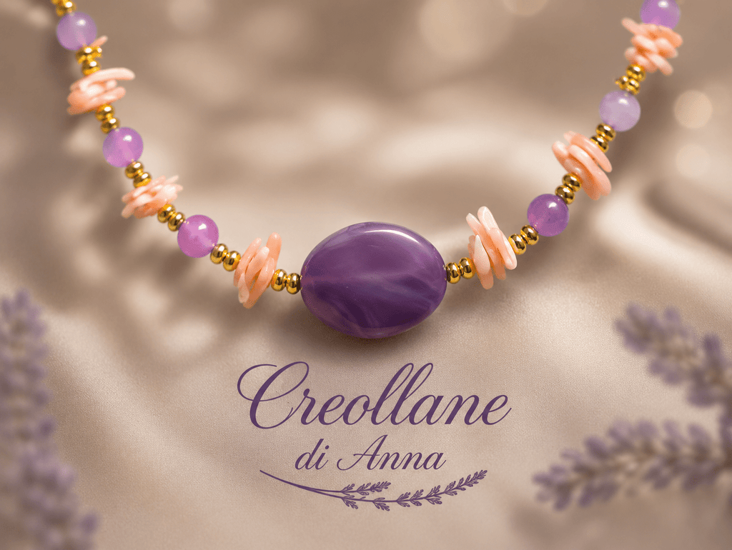 Collane Collana Girocollo Artigianale Handmade | Ametista Lavanda e Corallo Bambù Rosa con Dettagli Oro | Made in Italy - Handmade Made in Italy
