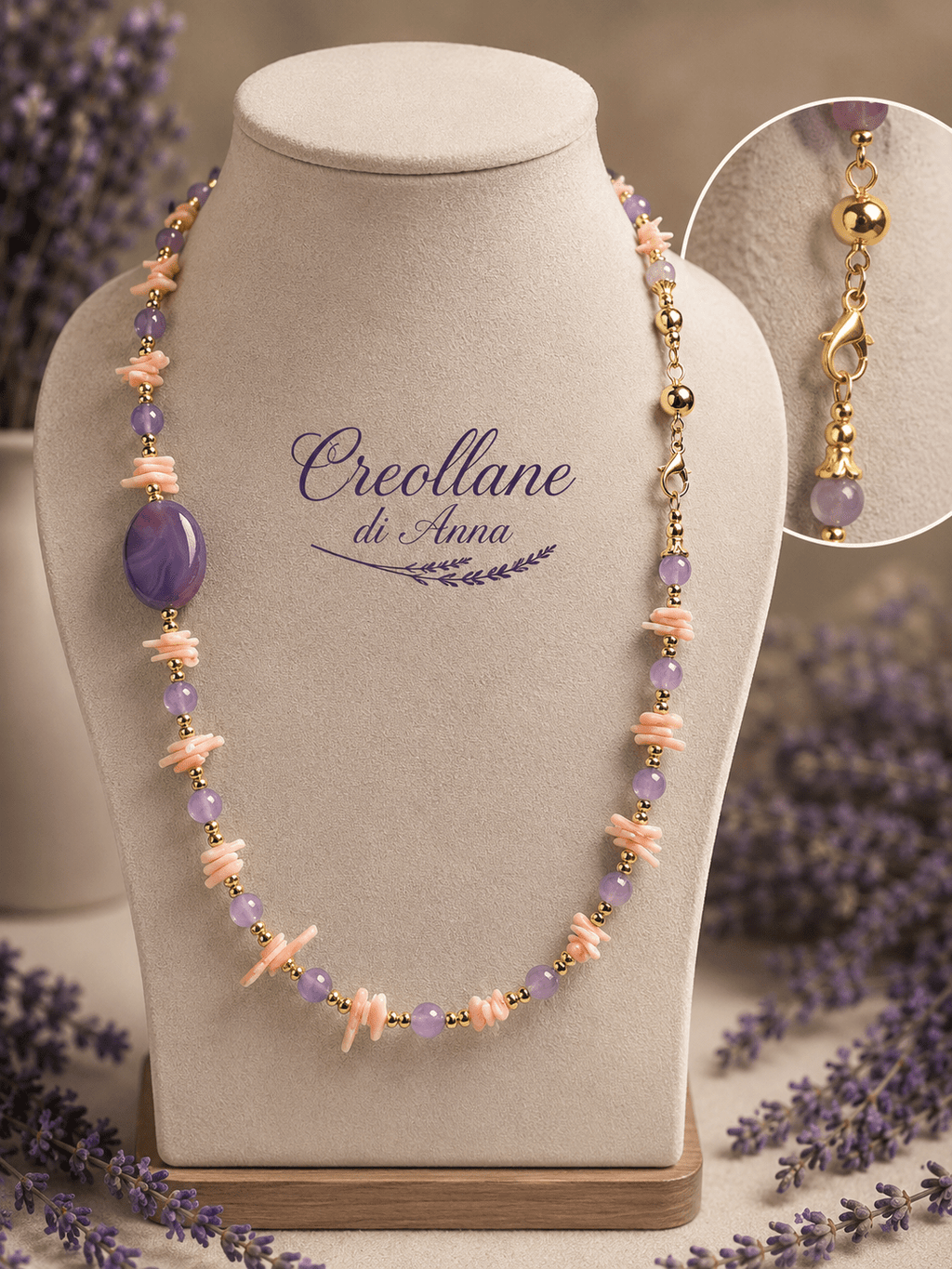Collane Collana Girocollo Artigianale Handmade | Ametista Lavanda e Corallo Bambù Rosa con Dettagli Oro | Made in Italy - Handmade Made in Italy