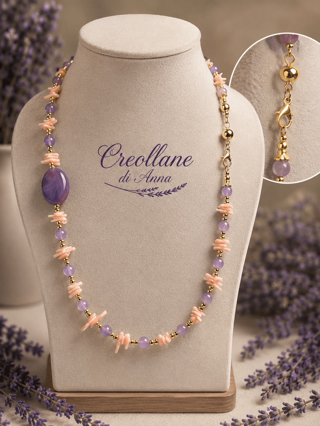 Collane Collana Girocollo Artigianale Handmade | Ametista Lavanda e Corallo Bambù Rosa con Dettagli Oro | Made in Italy - Handmade Made in Italy