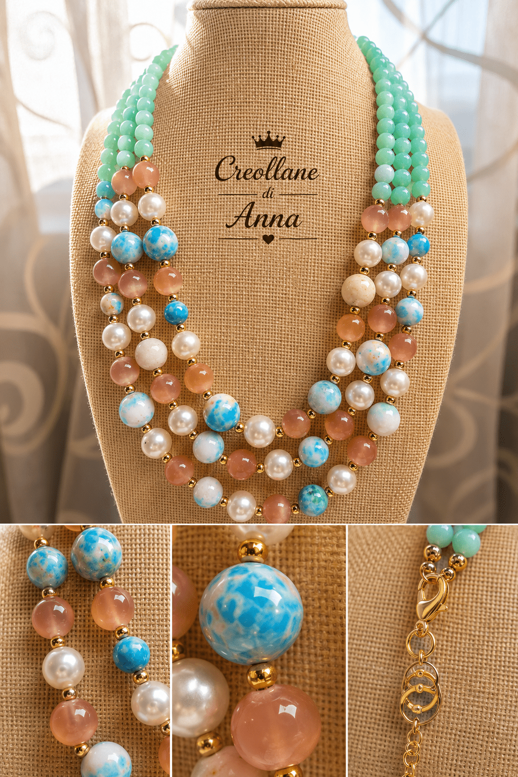 Collane Collana Girocollo Artigianale Handmade | Crisoprasio, Agata, Perle di Maiorca e Occhio di Gatto Albicocca | Made in Italy - Handmade Made in Italy