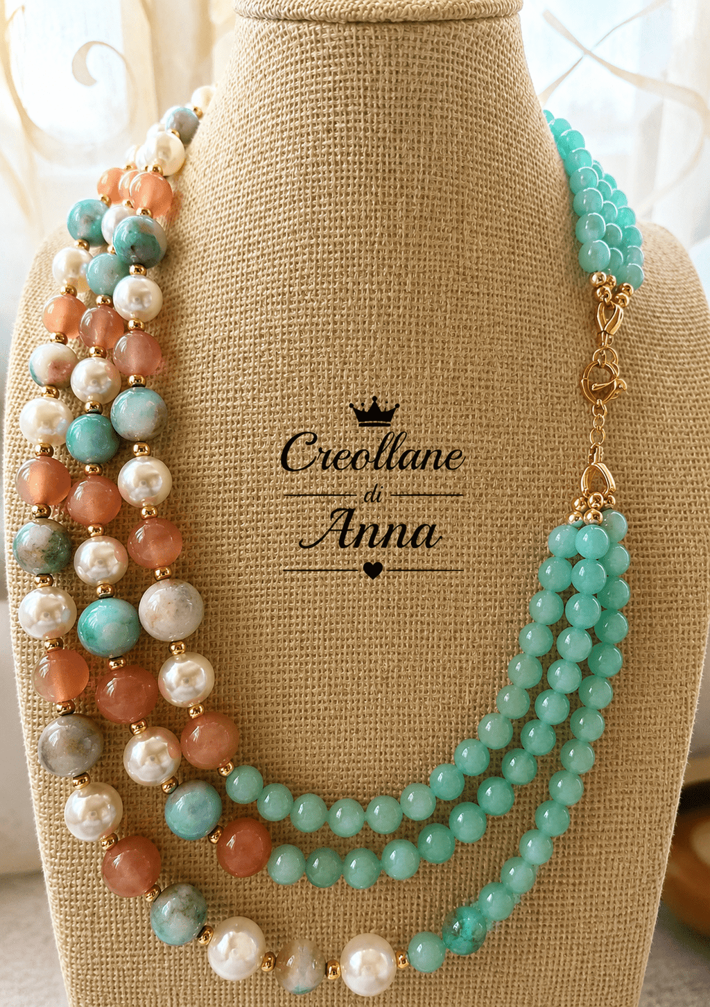 Collane Collana Girocollo Artigianale Handmade | Crisoprasio, Agata, Perle di Maiorca e Occhio di Gatto Albicocca | Made in Italy - Handmade Made in Italy