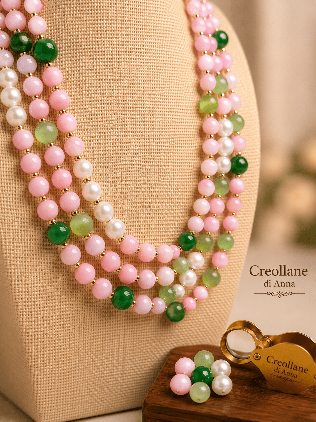 Collane Collana Girocollo Artigianale Handmade | Giadeite Rosa, Occhio di Gatto e Crisoprasio | Made in Italy - Handmade Made in Italy