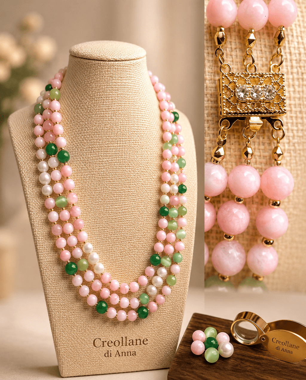 Collane Collana Girocollo Artigianale Handmade | Giadeite Rosa, Occhio di Gatto e Crisoprasio | Made in Italy - Handmade Made in Italy