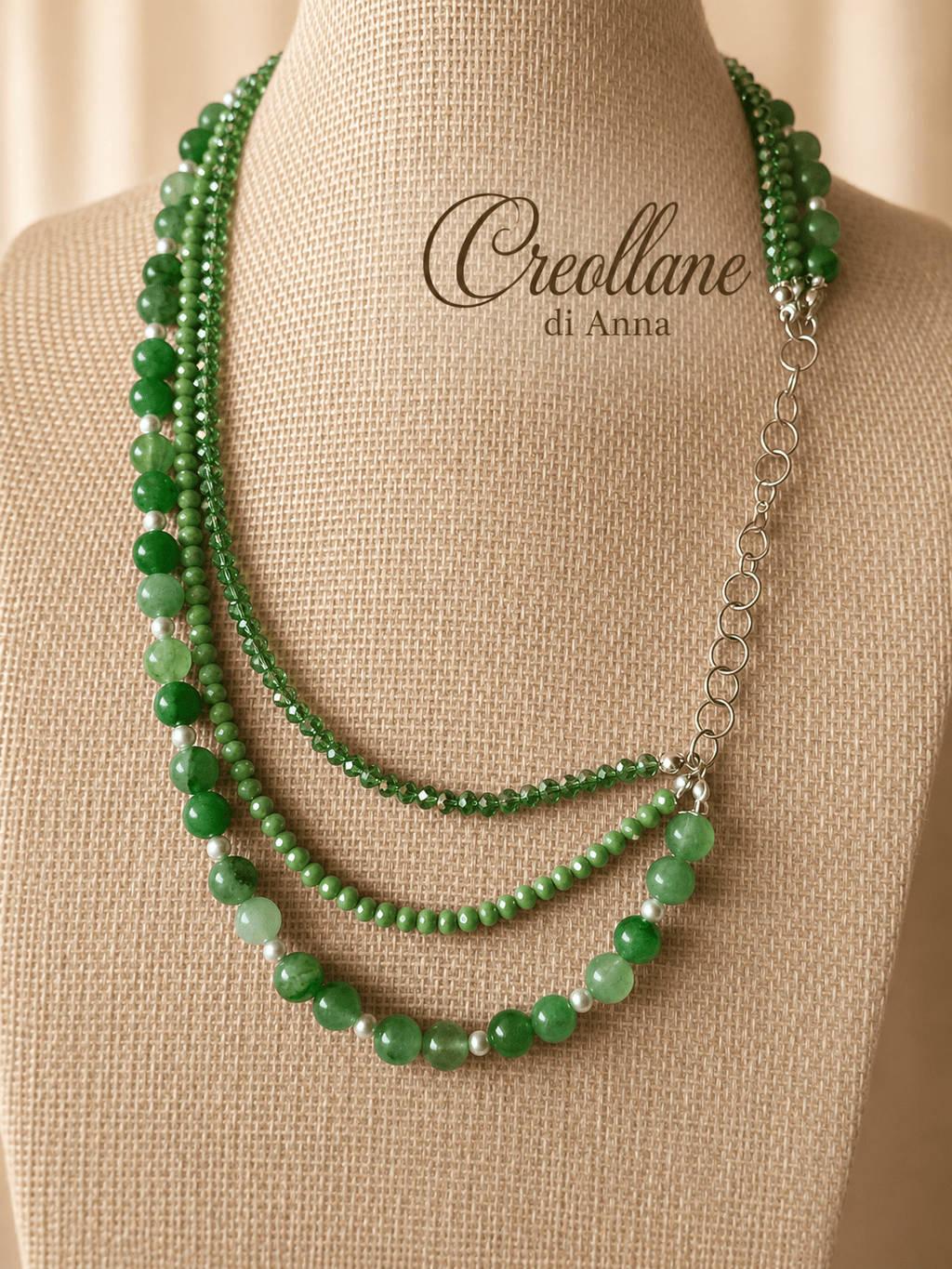 Collana Girocollo Artigianale | Multifilo Cristalli Verdi, Giadeite e Perle di Maiorca | Made in Italy