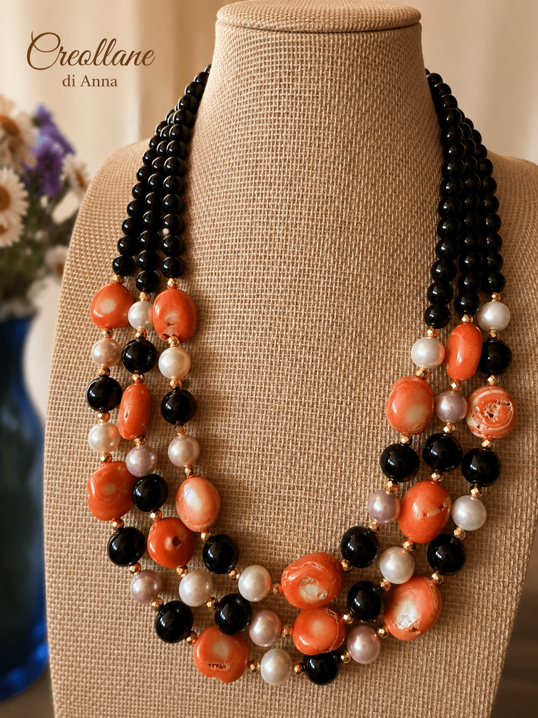 Collane Collana Girocollo Artigianale Handmade | Multifilo Onice Nero, Perle di Maiorca, Corallo ed Ematite Dorata | Made in Italy - Handmade Made in Italy
