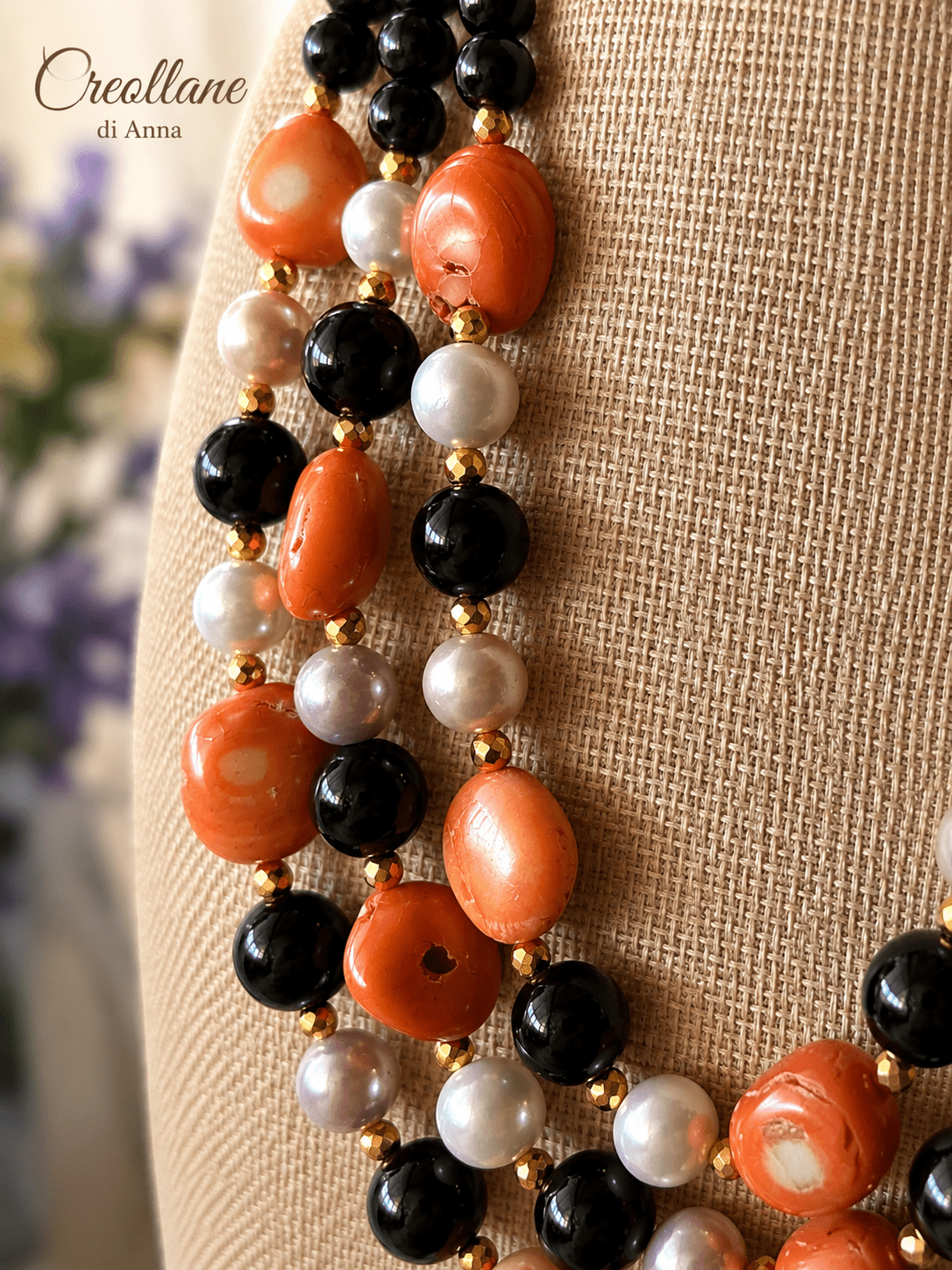 Collane Collana Girocollo Artigianale Handmade | Multifilo Onice Nero, Perle di Maiorca, Corallo ed Ematite Dorata | Made in Italy - Handmade Made in Italy