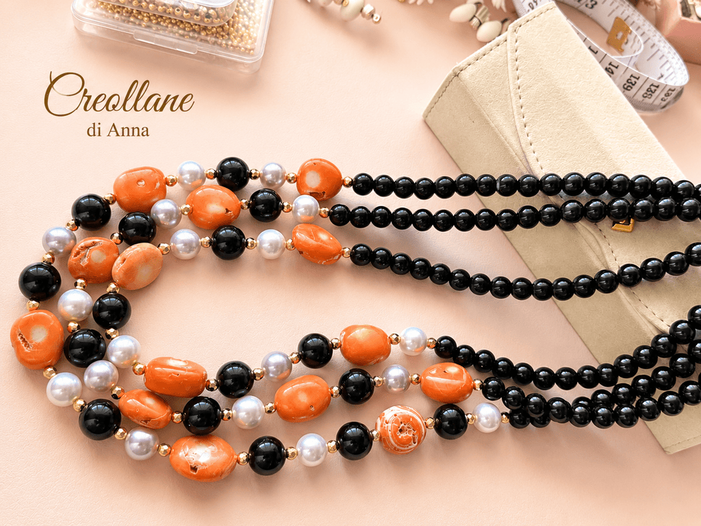 Collana Girocollo Artigianale | Multifilo Onice Nero, Perle di Maiorca, Corallo ed Ematite Dorata | Made in Italy