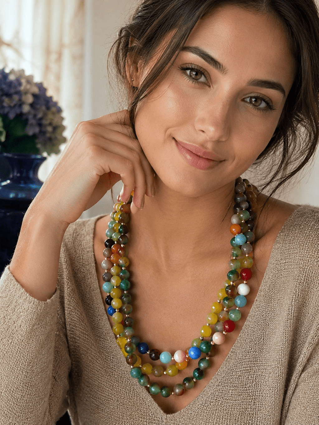 Collana Girocollo Artigianale | Multifilo Serpentino, Crisoprasio e Quartzite Sfaccettata con Ematite | Made in Italy