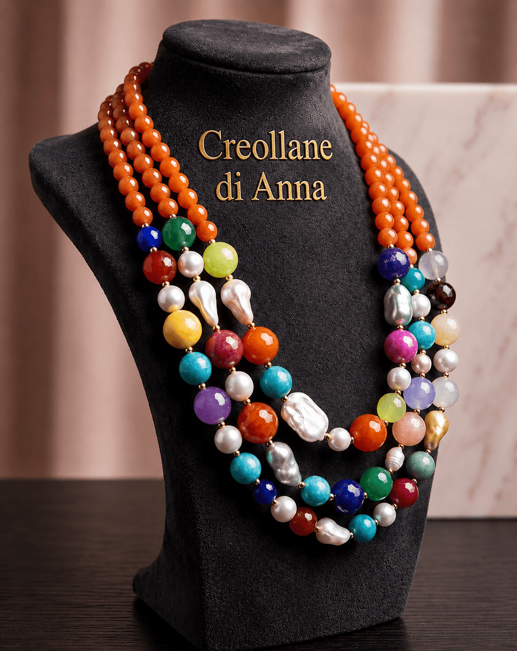 Collane Collana Girocollo Artigianale Multifilo Handmade | Agata, Giada, Perle di Maiorca e Scaramazza | Made in Italy - Handmade Made in Italy